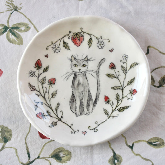 Sitting Cat With Strawberry Vines Dish