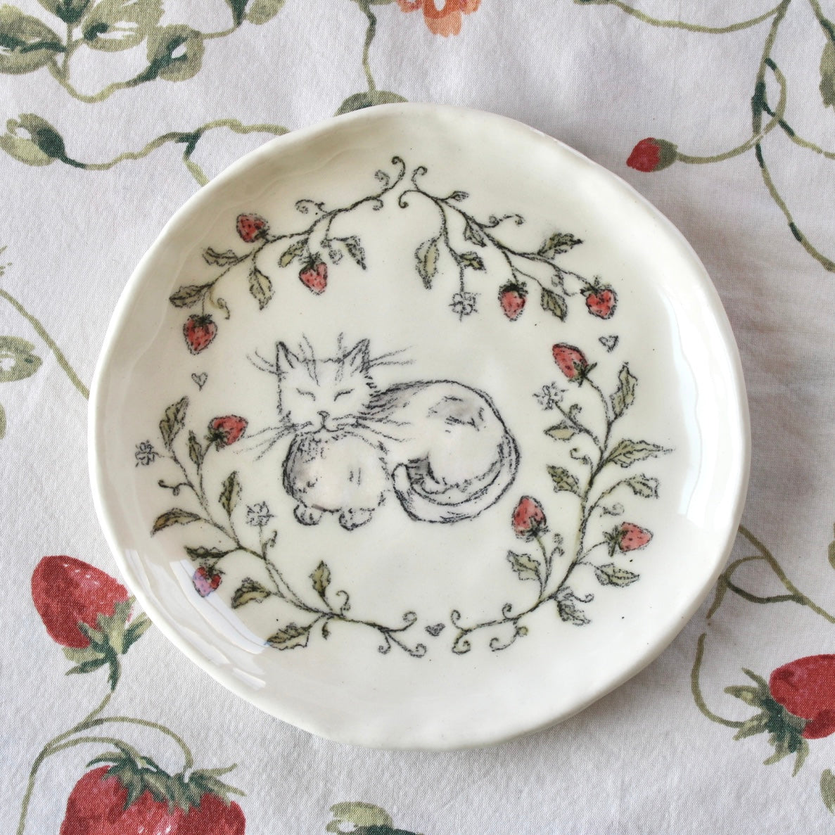 Sleeping Cat With Strawberry Vines Dish
