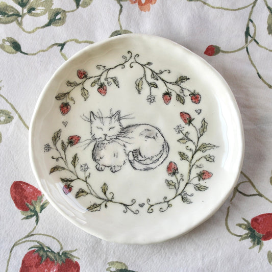 Sleeping Cat With Strawberry Vines Dish
