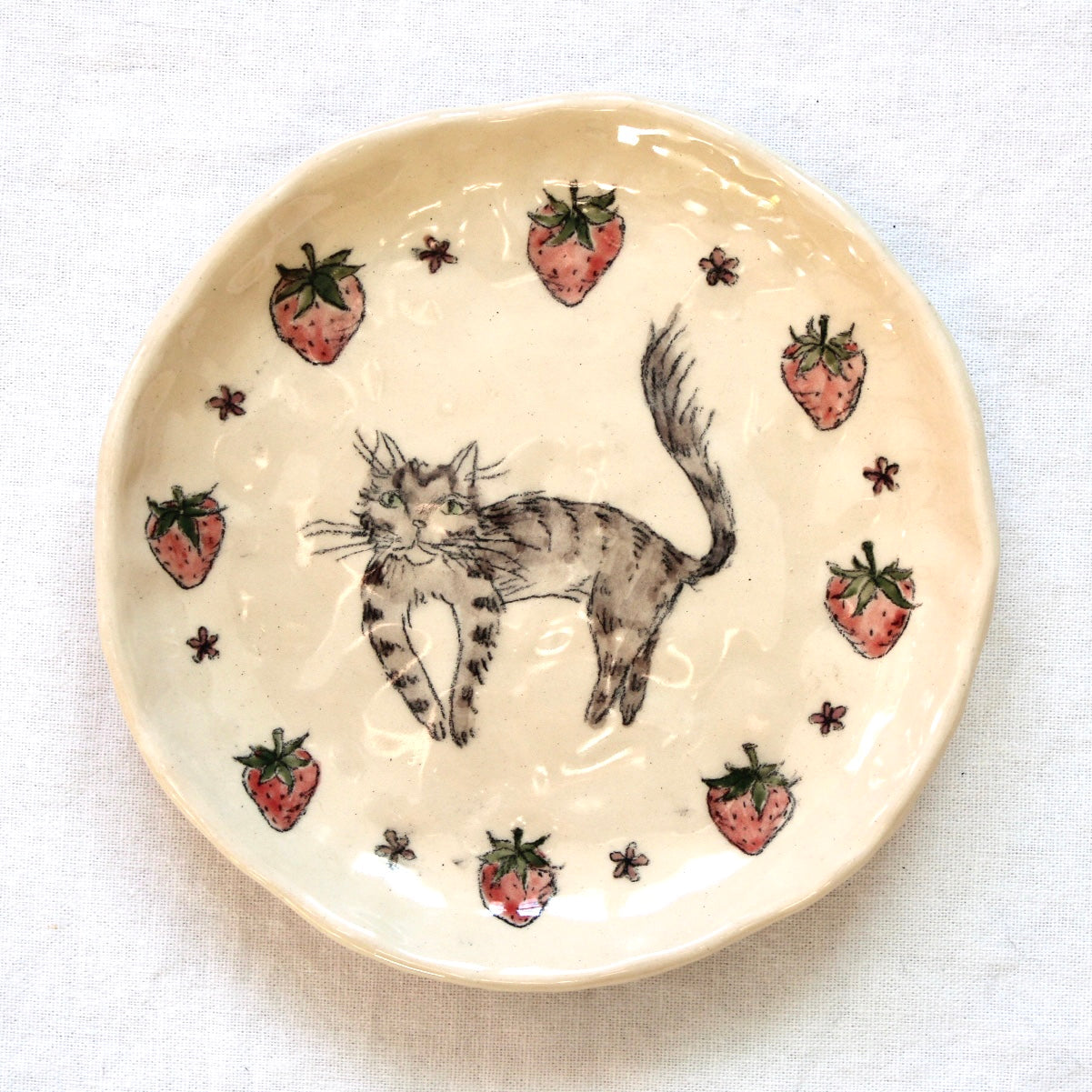 Cat and Strawberries Dish