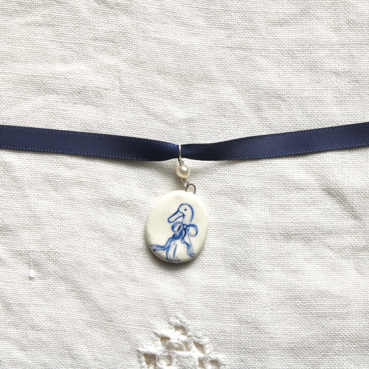 Duck Blue Ribbon Choker Necklace