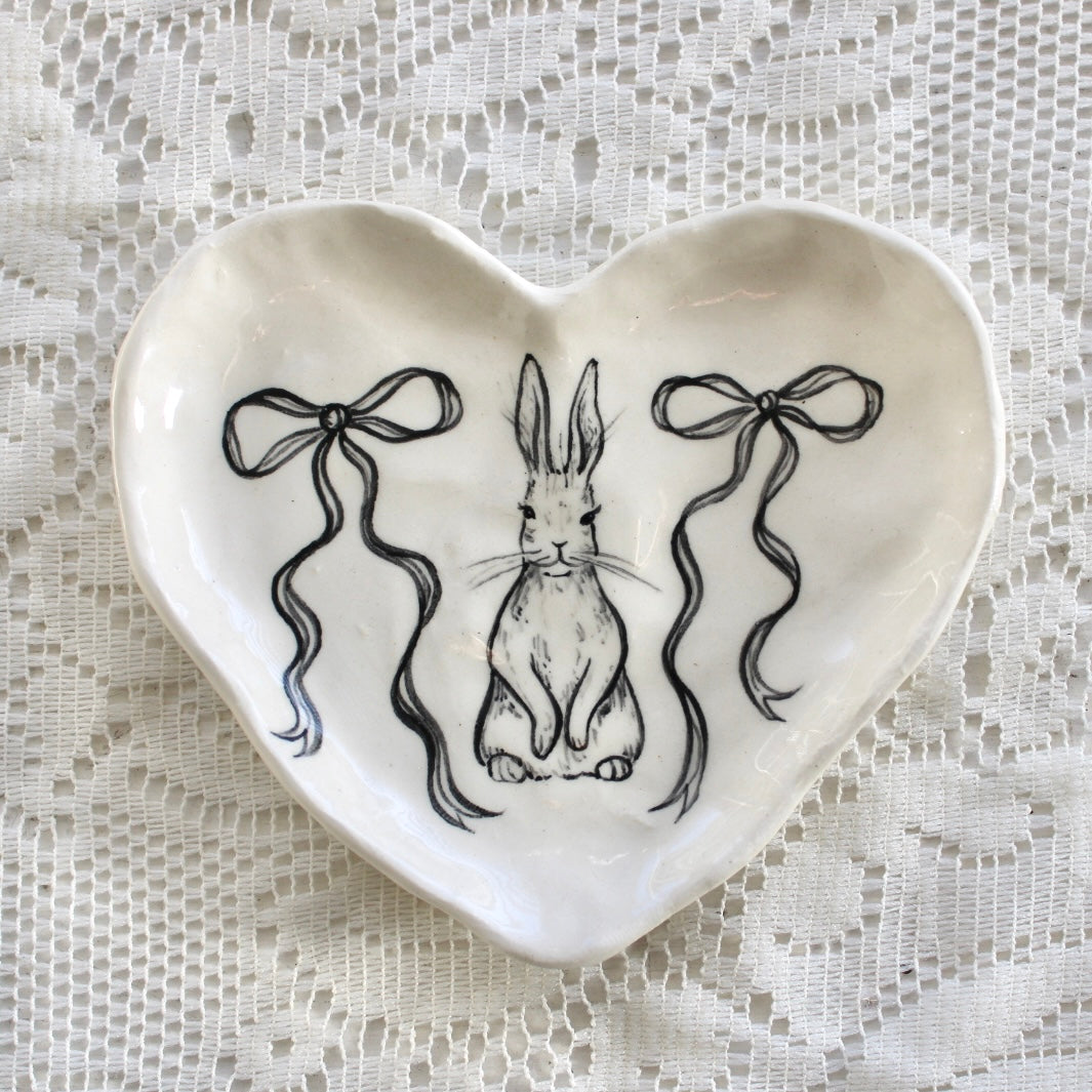 Bunny With Bows Heart Dish in Black