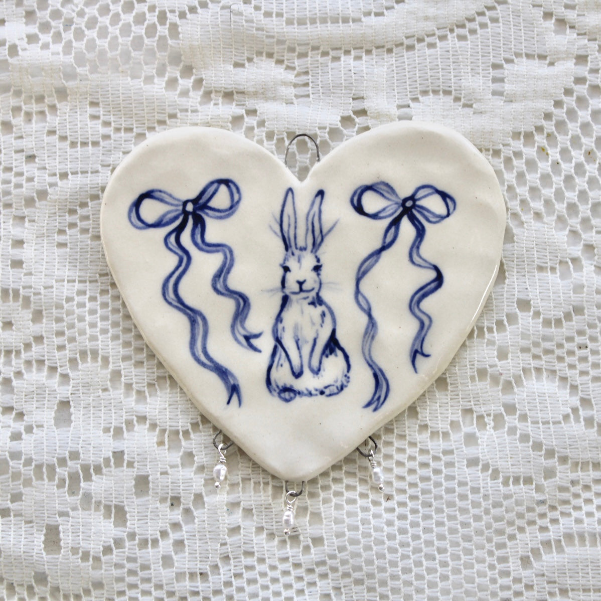 Bunny With Bows Beaded Heart Wall Hanging in Blue