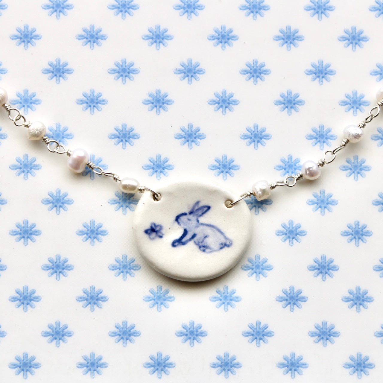 Beaded Chain Bunny Necklace in Silver