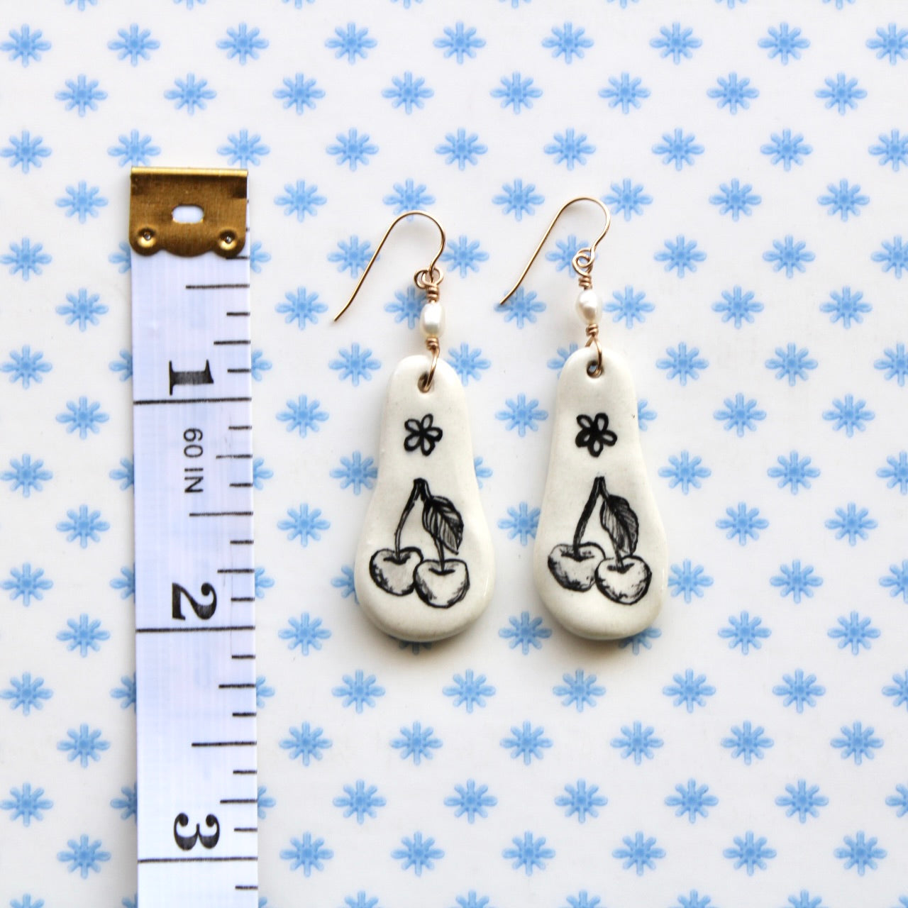 Beaded Pearl Cherry Earrings in Gold
