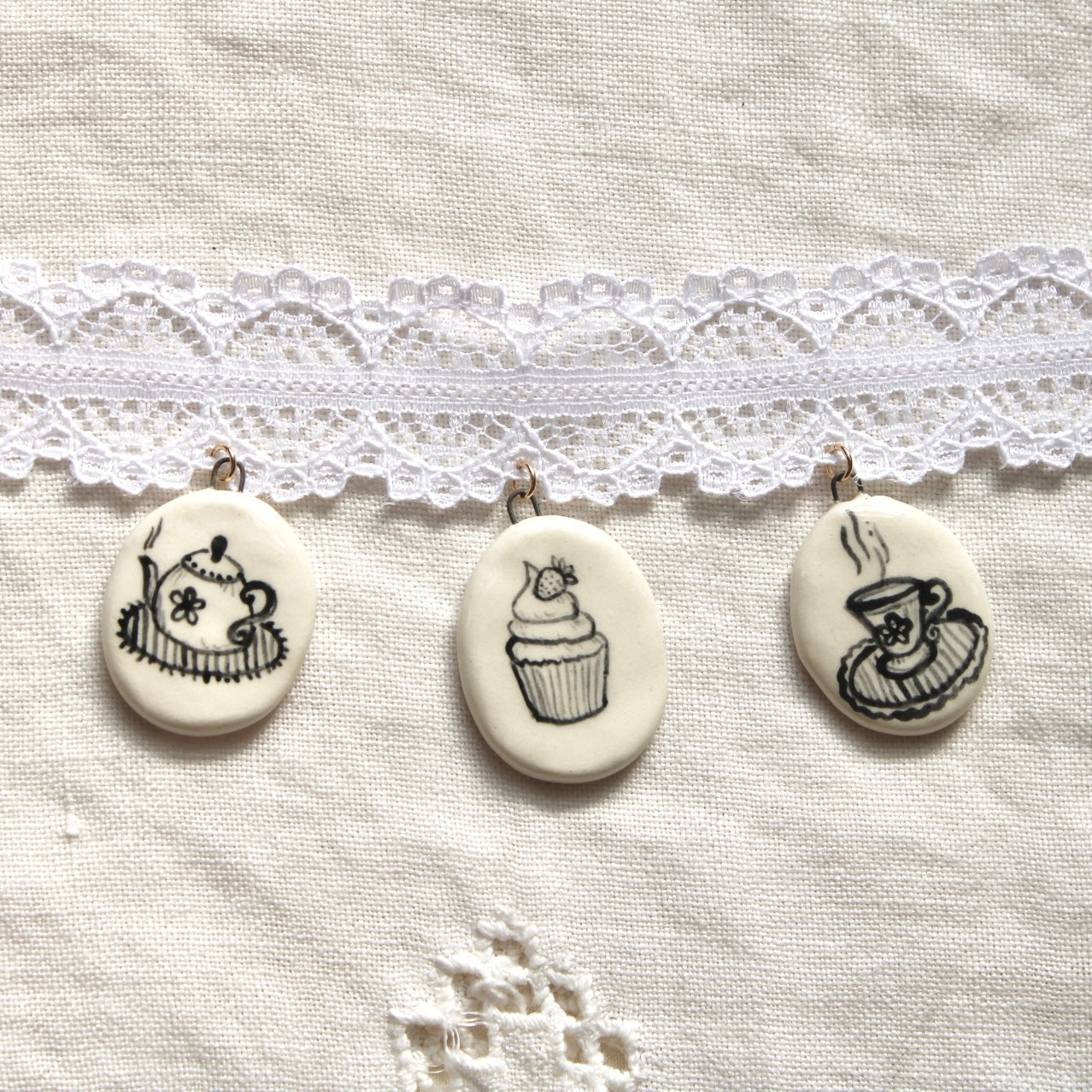 Teapot, Strawberry Cupcake, Teacup Lace Choker Necklace