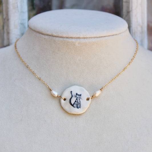 Black Cat With Vintage Pearls