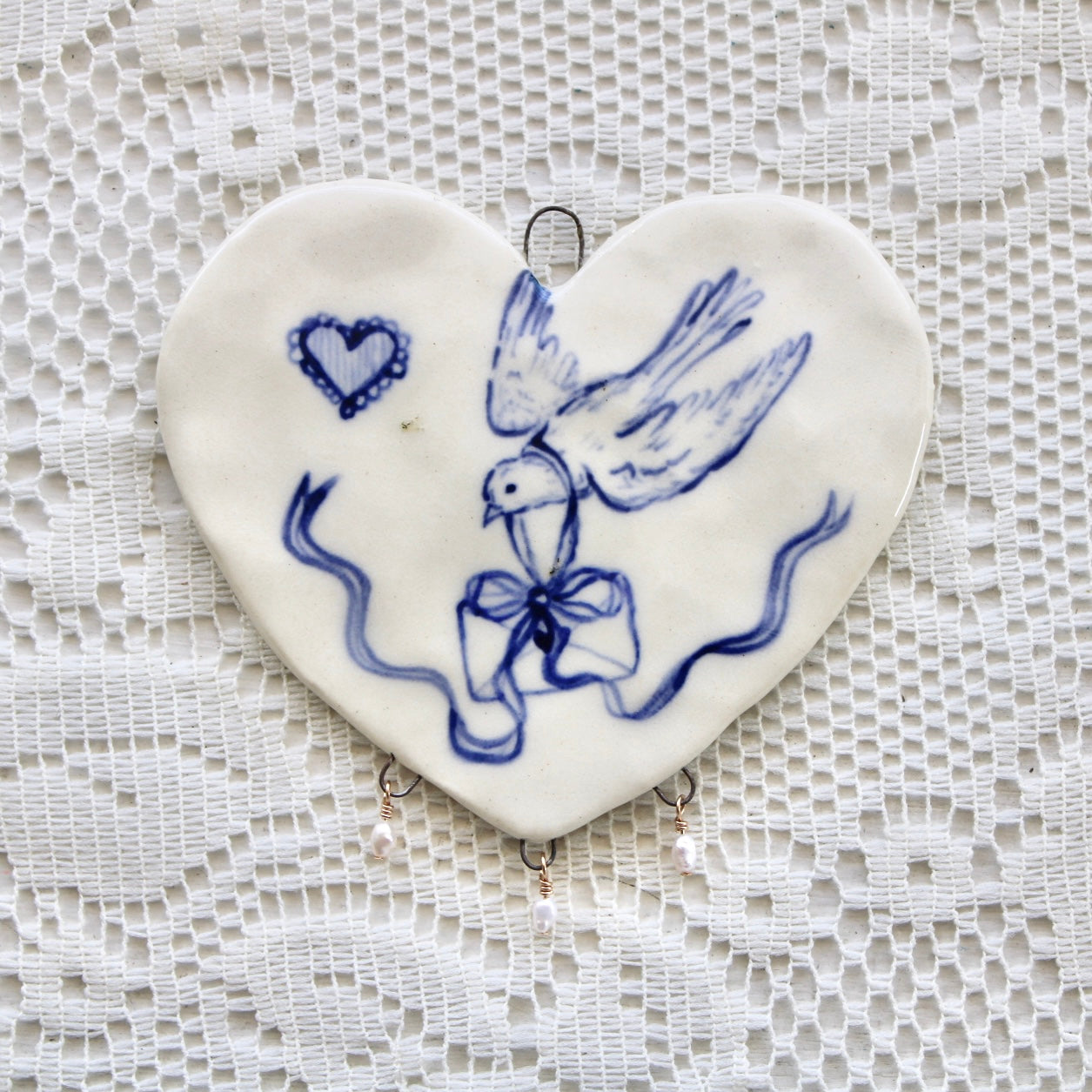 Love Bird Beaded Heart Wall Hanging in Blue