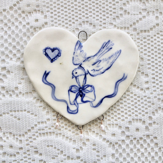 Love Bird Beaded Heart Wall Hanging in Blue