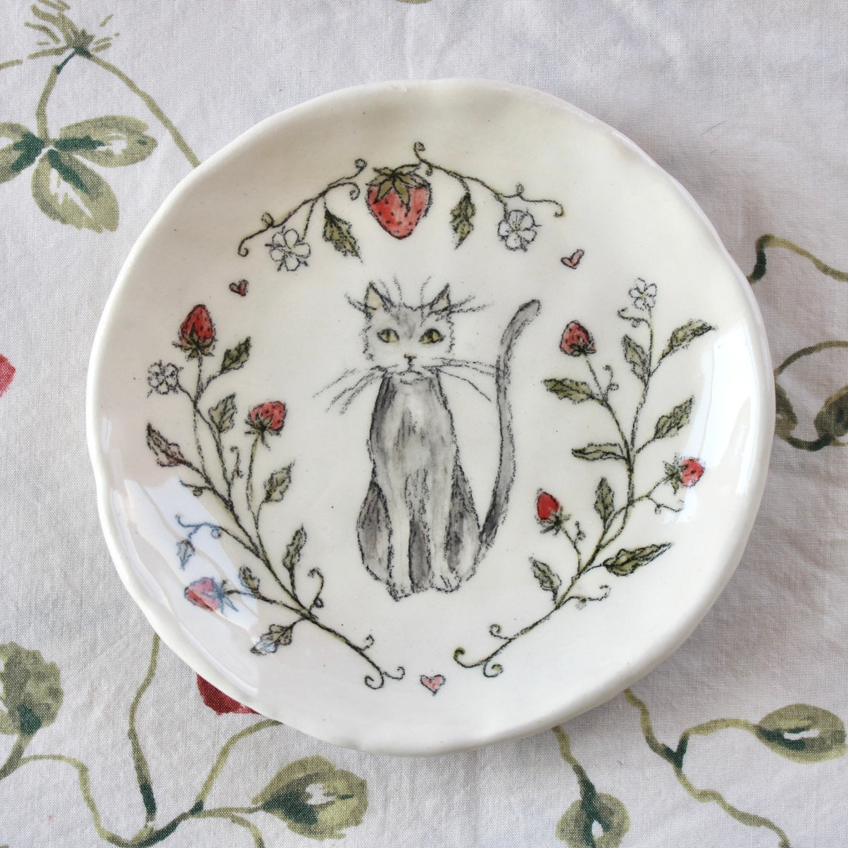 Sitting Cat With Strawberry Vines Dish