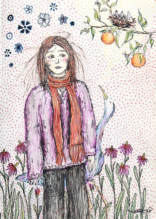 Girl with Blue Heron Print