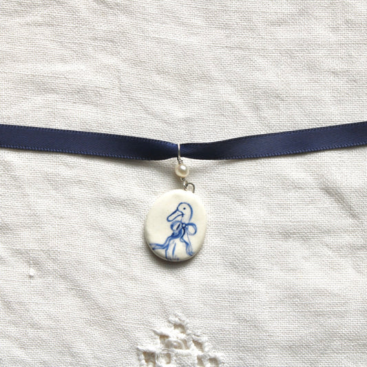 Duck Blue Ribbon Choker Necklace