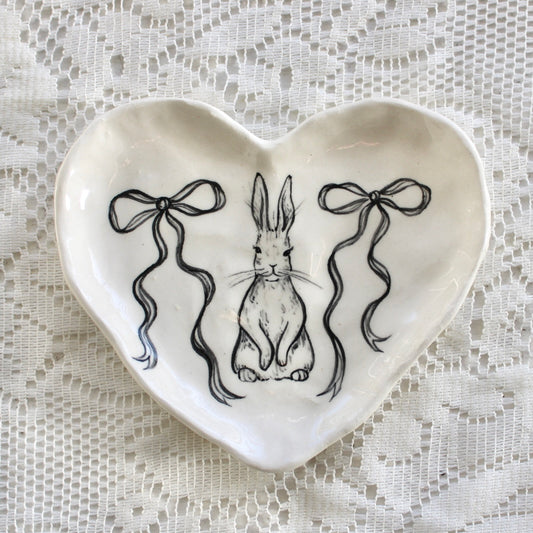 Bunny With Bows Heart Dish in Black