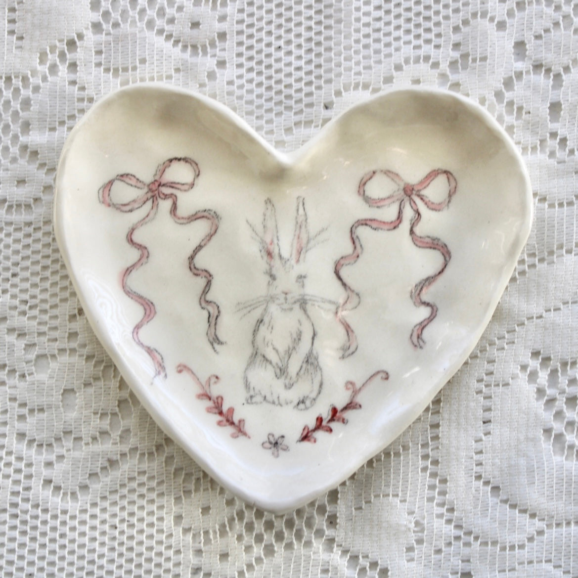 Bunny With Bows Heart Dish
