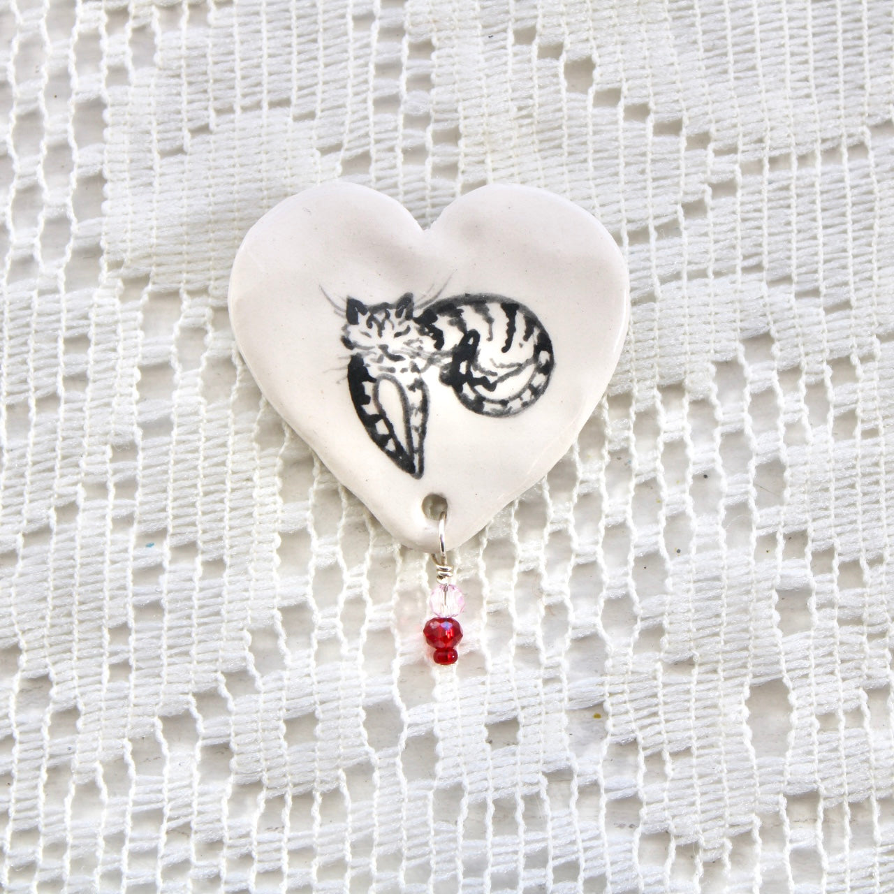 Sleeping Kitty Beaded Heart Magnet