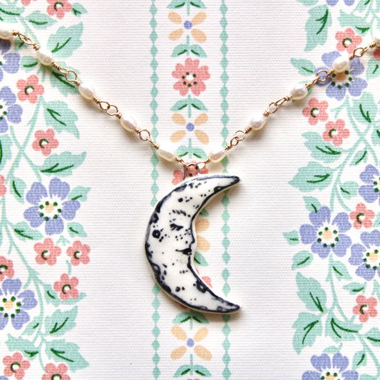 Beaded Moon Necklace in Gold
