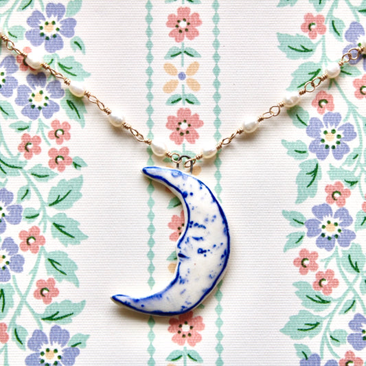 Beaded Moon Necklace in Gold