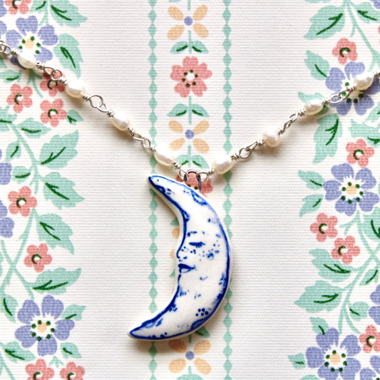 Beaded Moon Necklace in Silver