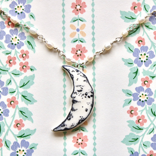 Beaded Moon Necklace in Silver