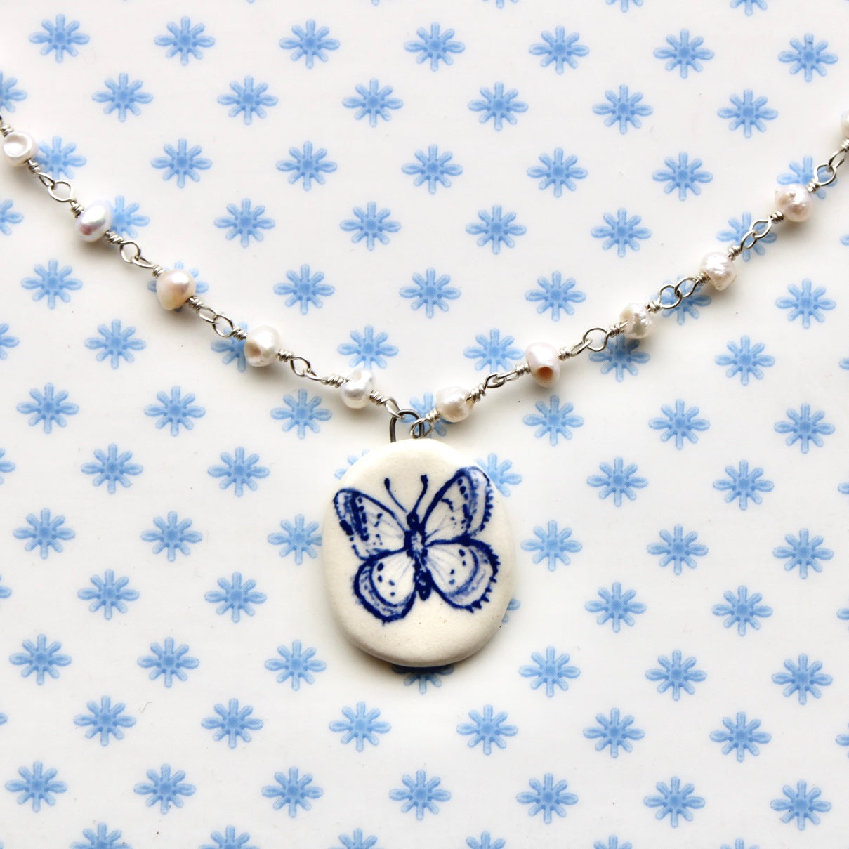 Beaded Chain Butterfly Necklace in Silver