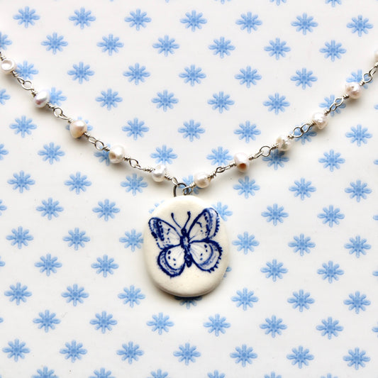 Beaded Chain Butterfly Necklace in Silver