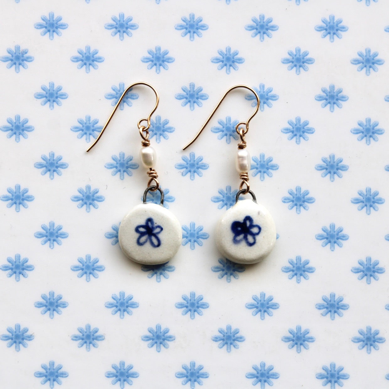 Beaded Pearl Flower Earrings in Gold
