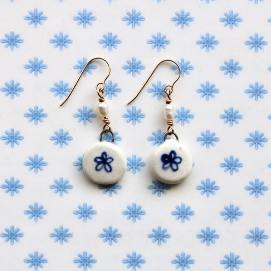 Beaded Pearl Flower Earrings in Gold
