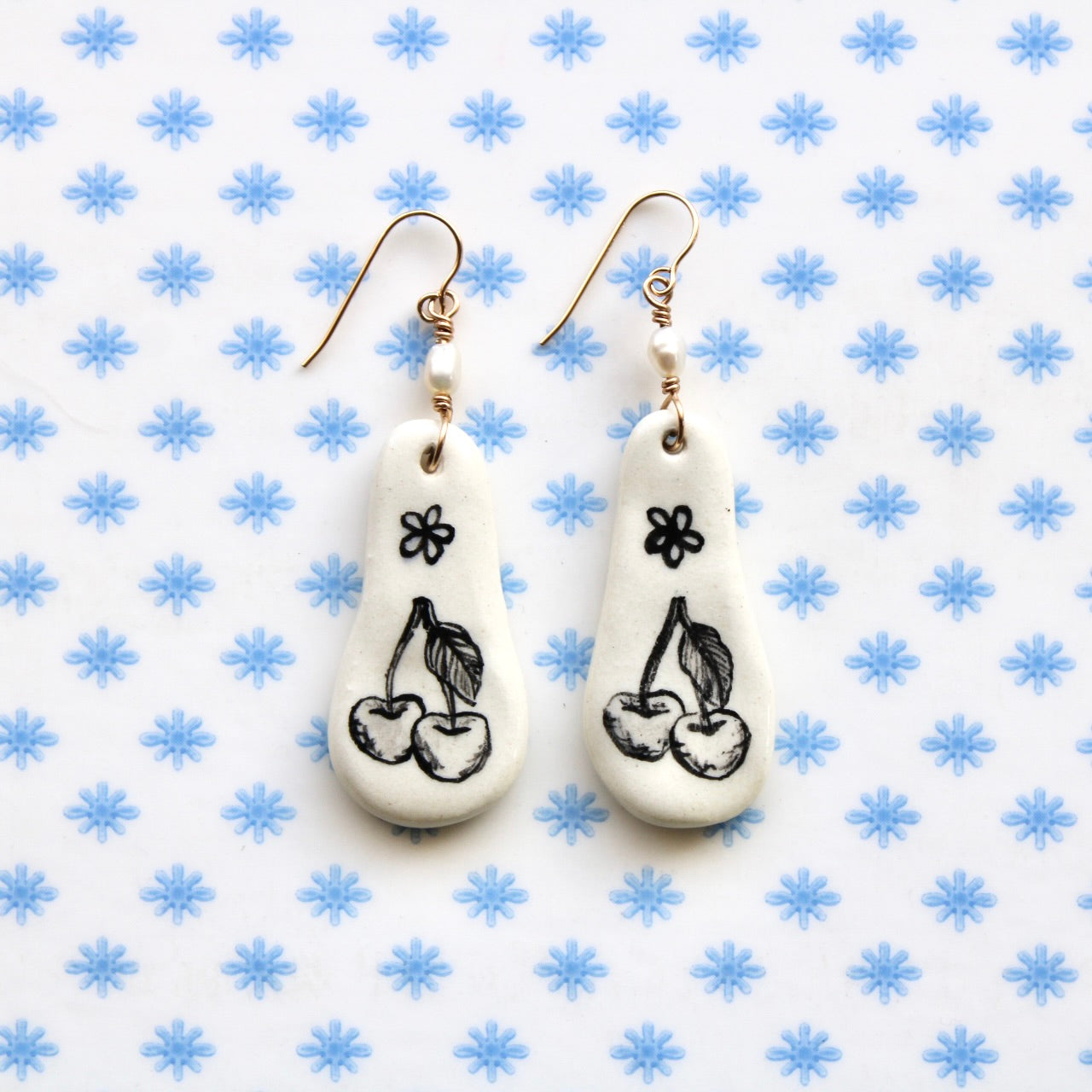 Beaded Pearl Cherry Earrings in Gold