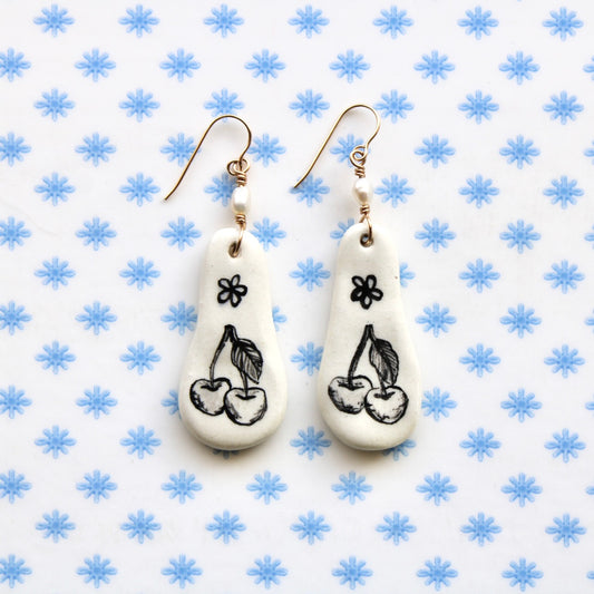 Beaded Pearl Cherry Earrings in Gold