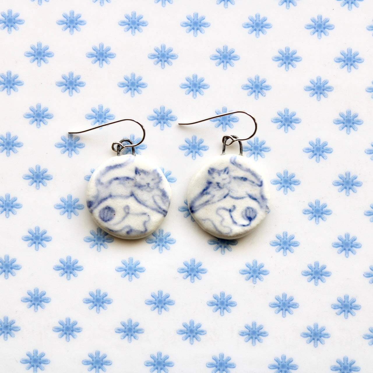 Cat With Yarn Earrings in Silver