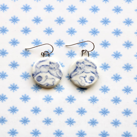Cat With Yarn Earrings in Silver