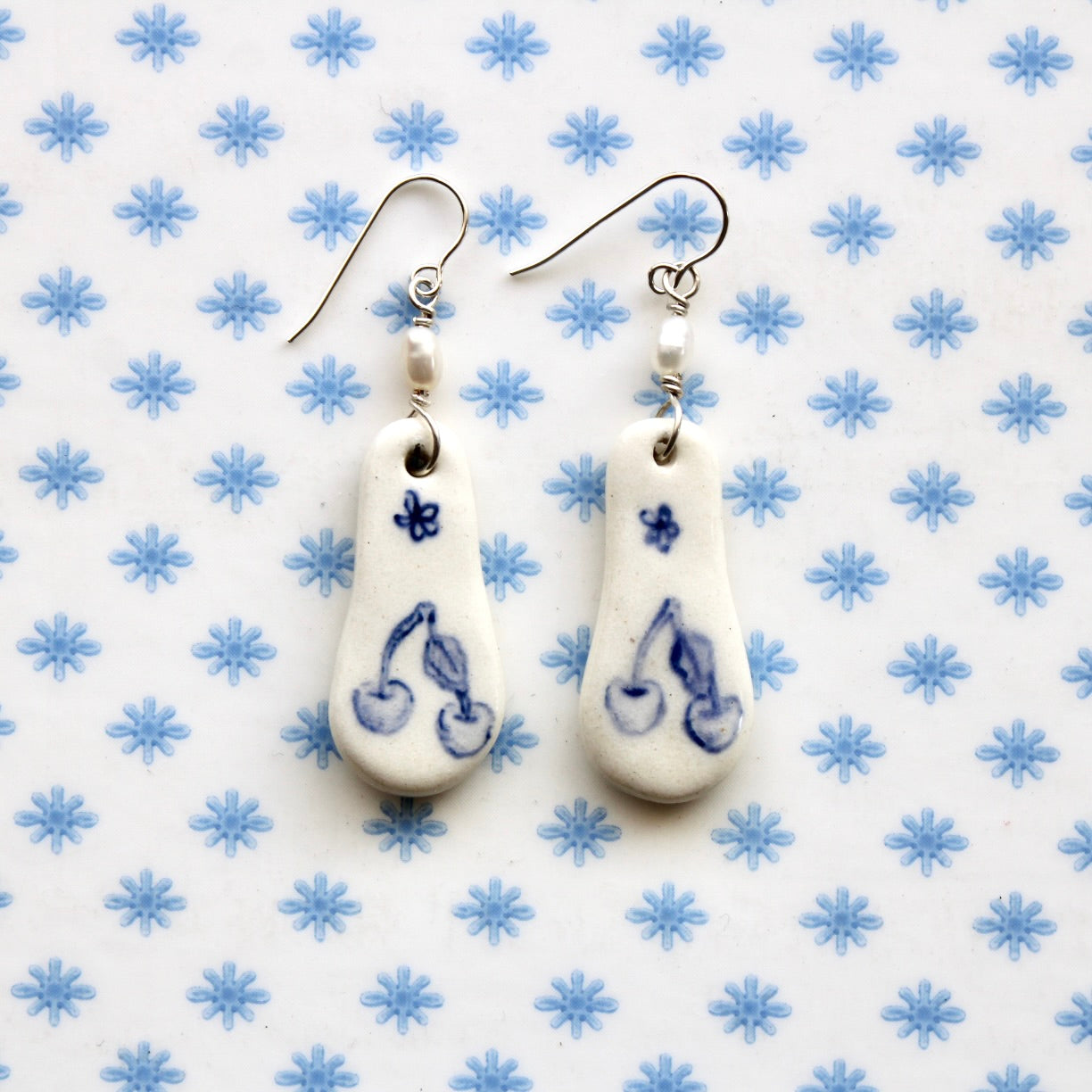 Beaded Pearl Cherry Earrings in Silver