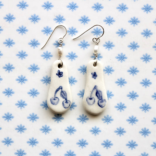Beaded Pearl Cherry Earrings in Silver