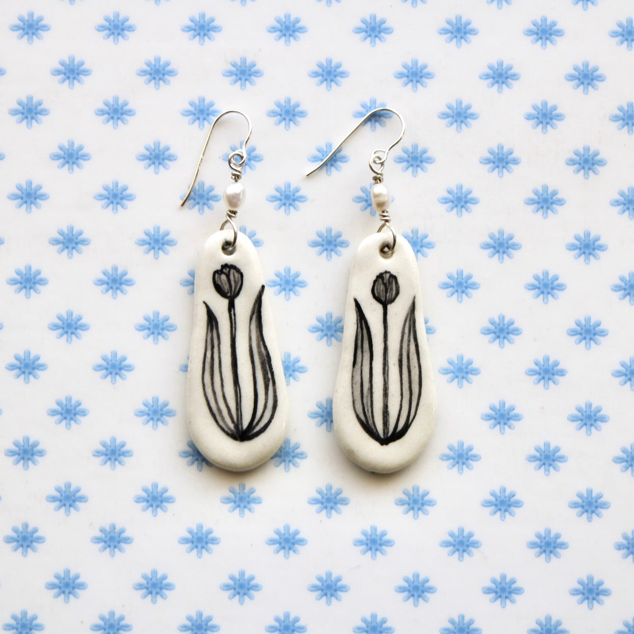 Beaded Pearl Tulip Earrings in Silver