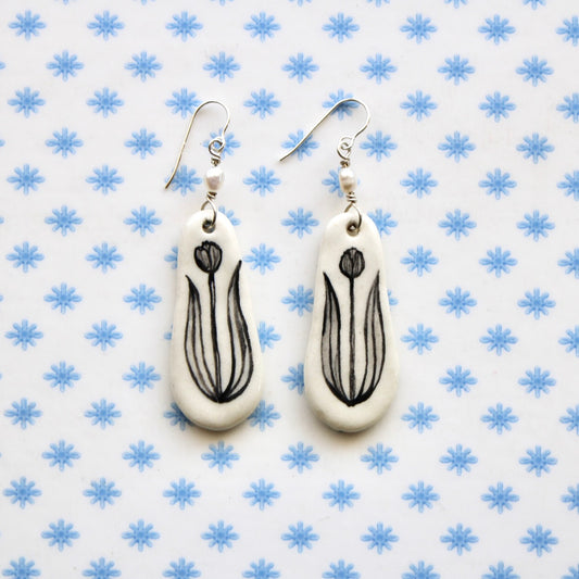 Beaded Pearl Tulip Earrings in Silver