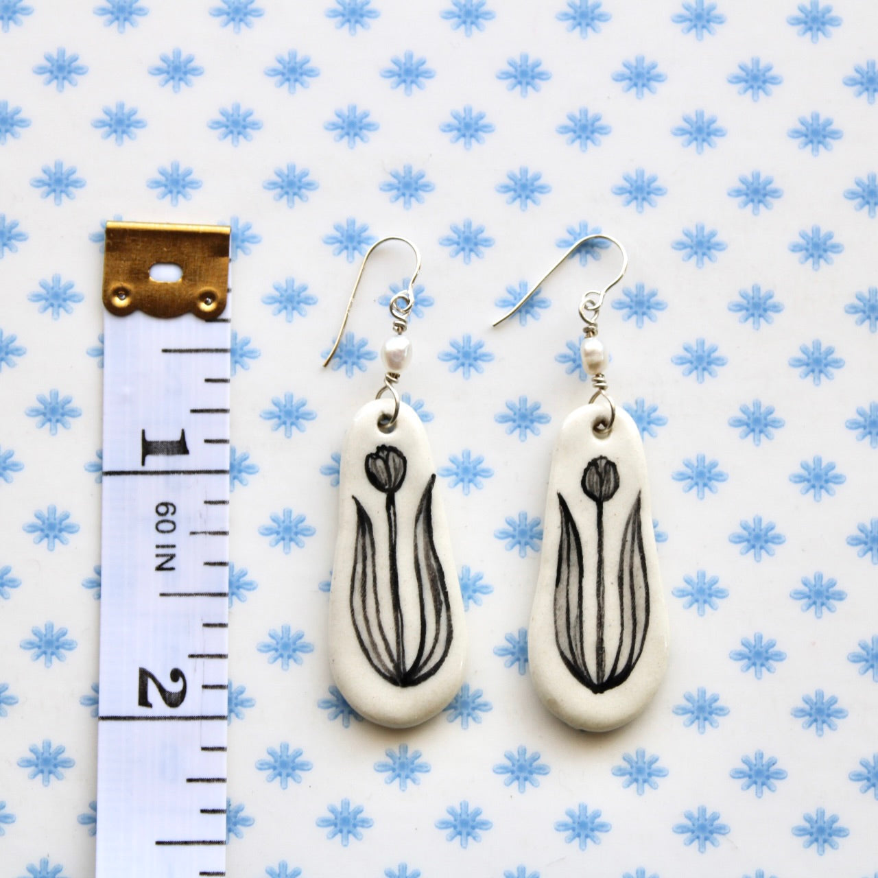 Beaded Pearl Tulip Earrings in Silver