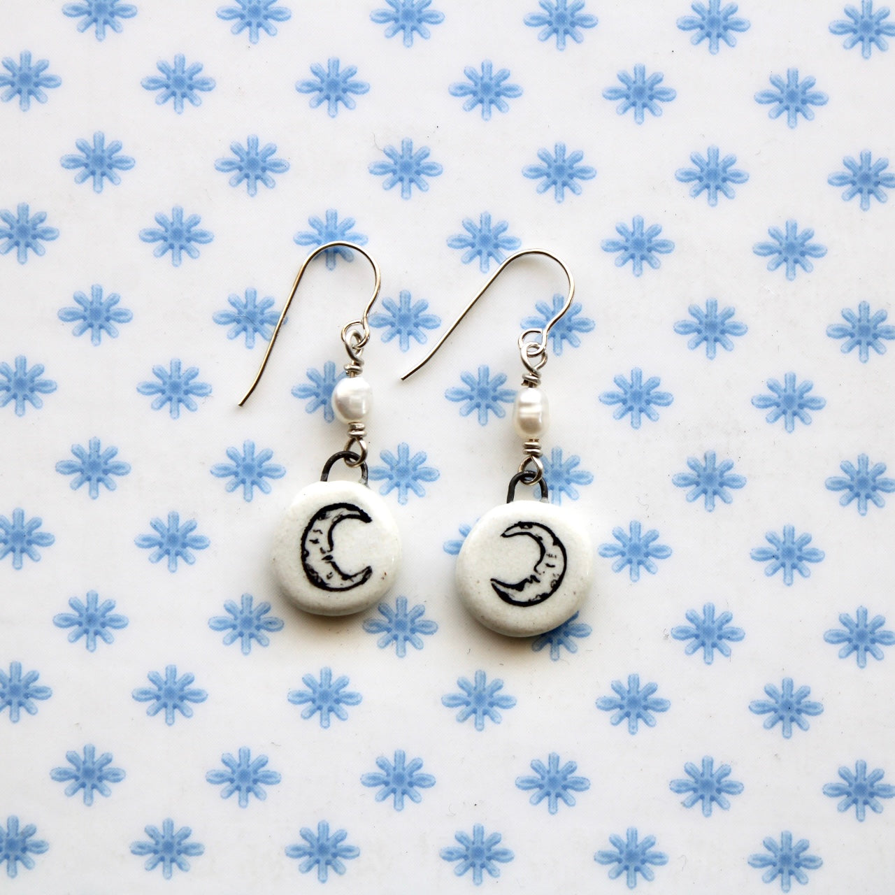 Beaded Pearl Moon Earrings in Silver