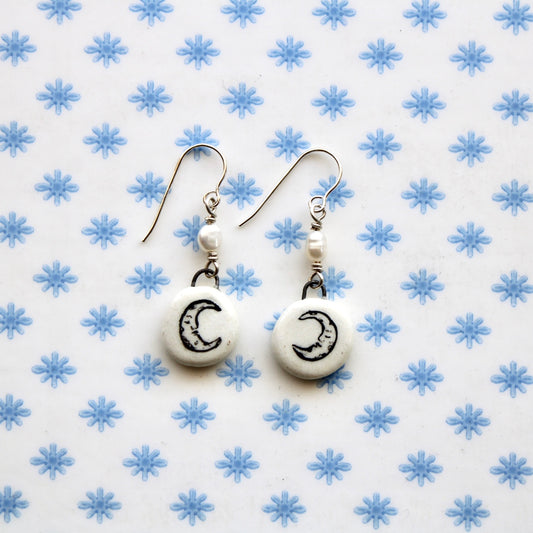 Beaded Pearl Moon Earrings in Silver
