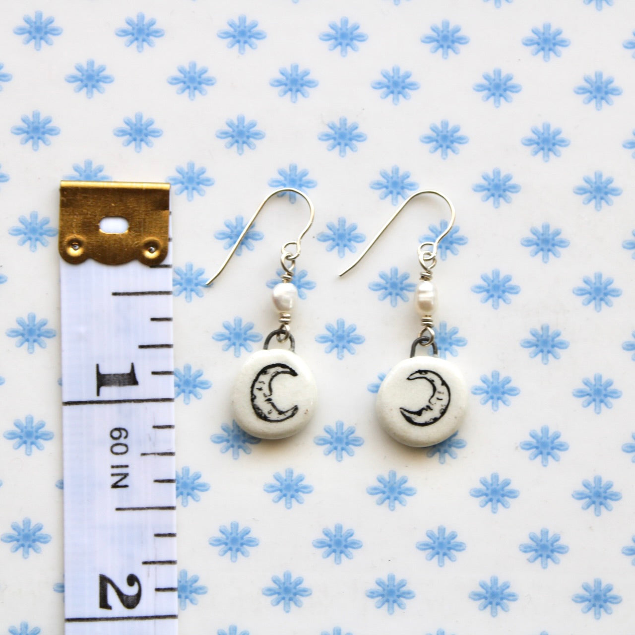 Beaded Pearl Moon Earrings in Silver