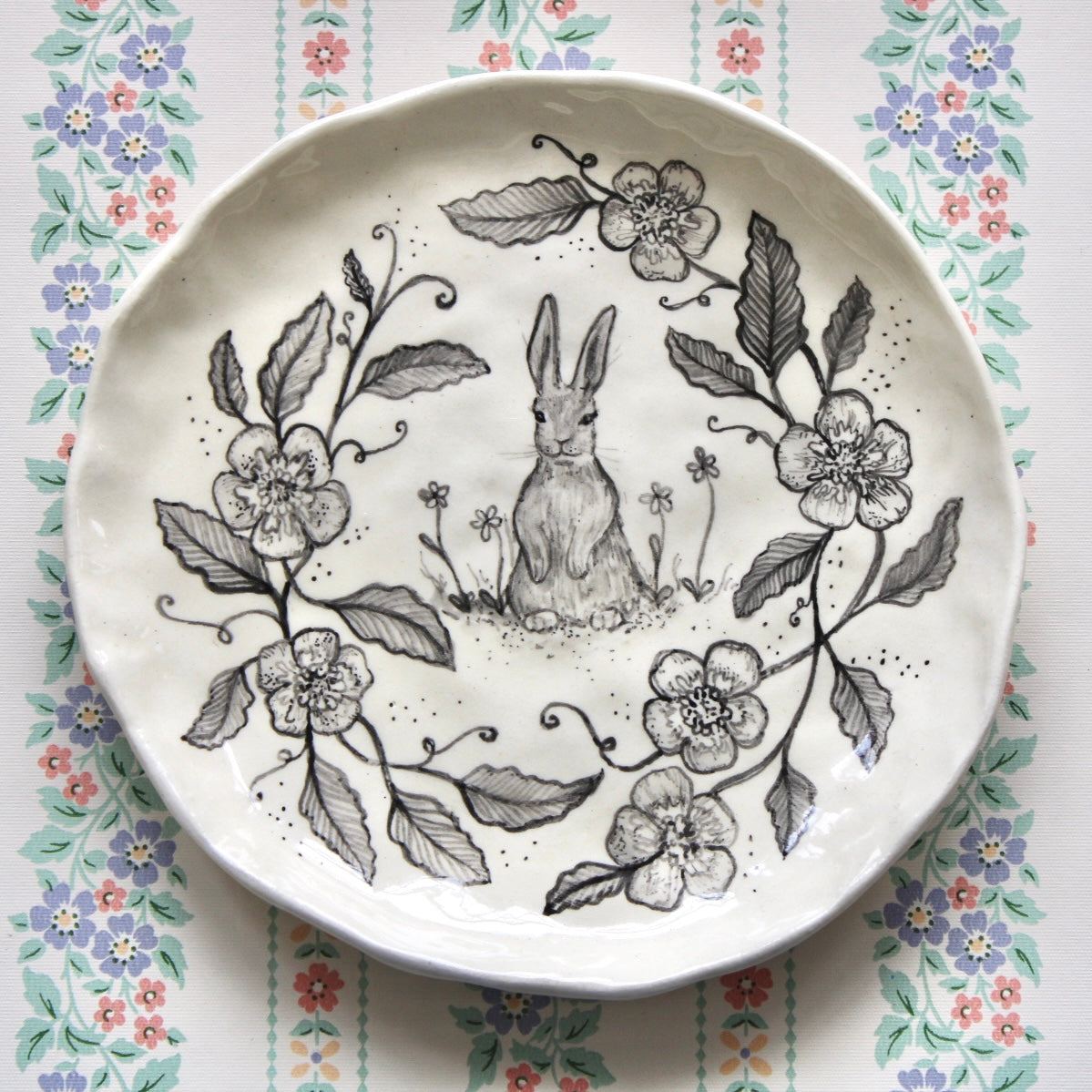 Bunny In Flowers Dish In Black
