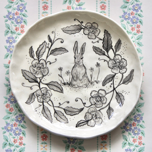 Bunny In Flowers Dish In Black